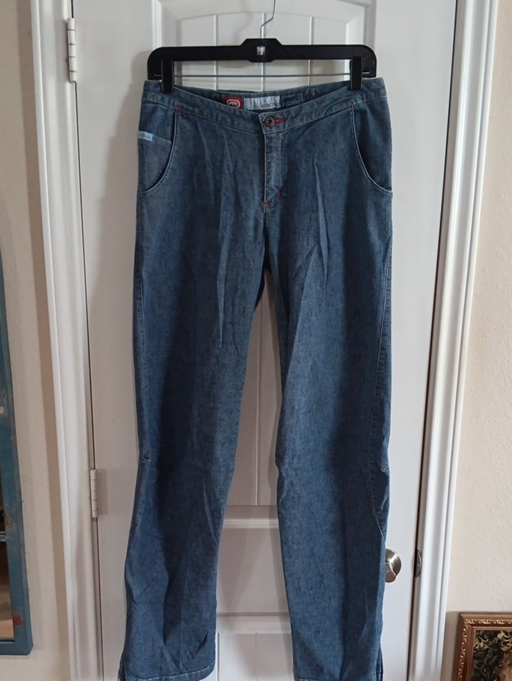 Vtg Ecko Red Denim Foundry Baggy Jeans 7 Flare Zipper Cuff Cinch Elastic Back
